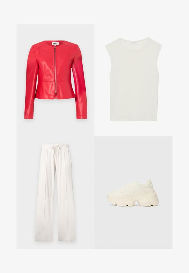 Jaqueta de imitação de couro vermelha, com design justo, decote redondo, mangas longas, fecho frontal com zíper e detalhes de costura subtis.; Top branco sem mangas com decote redondo. Feito de um tecido liso, apresenta um corte descontraído e um design minimalista. Sem padrões ou detalhes.; Calças de fato de treino beija claro, feitas de um tecido suave, com cintura elástica ajustável, pernas largas e costuras verticais, apresentando uma textura lisa.; Sapatilhas brancas chunky feitas de malha texturizada e materiais sintéticos, apresentando uma sola espessa e detalhes de padrão intrincados ao longo dos lados.