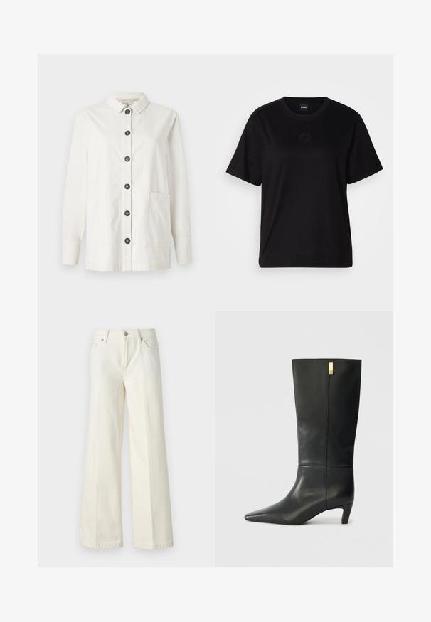 Valge puuvillane nööbiga jope, millel on krae, sirge lõige, pikad varrukad, kaks esikot ja kuus musta nööpi ees.; Mustmust särk, millel on ümar kaelus, lühikesed varrukad ja tindiga tikitud logo rinnal. Lihtne, mugav lõige ilma mustriteta.; Laiad valged teksad, mis on valmistatud puuvilla segust. Omavad lukuga eesmist sulgemist, viie taskuga disaini ning õmblusi pükste saemetes.; Mustmustest mustakõrgune musta nahast saabas terava ninaga ja väikese kontsaga. Omab sujuvat disaini kuldse aksendi detailiga. Sile tekstuur.