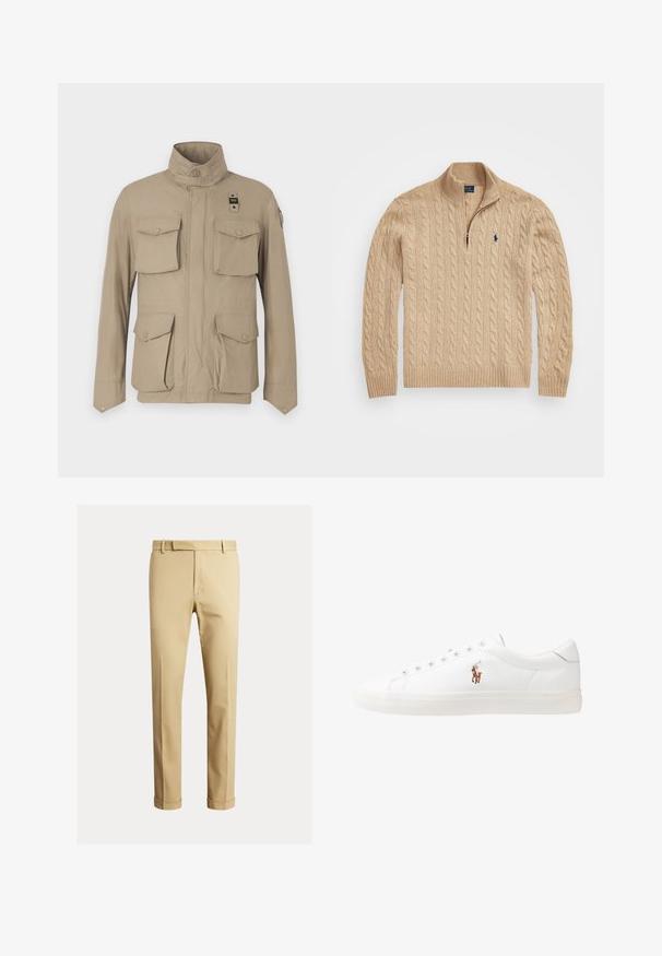 Beige jacket with a standing collar, four front pockets with flaps, and button details. Smooth texture and lightweight material.; Beige cable-knit sweater with a quarter zip collar, ribbed hem and cuffs, featuring a small logo on the chest. Soft, textured fabric.; Khaki chinos made of smooth cotton fabric, featuring a fitted design, front pleats, and cuffs at the ankle for a tapered look.; White leather sneakers, low-top design, featuring a smooth texture, round toe, laced front, and a small embroidered logo on the side.