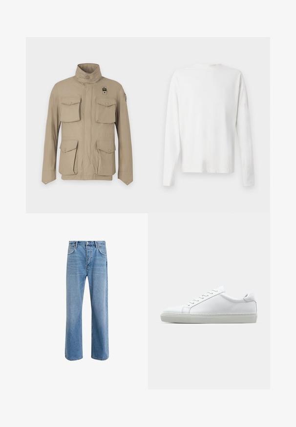 Giacca beige con collo alzato, quattro tasche frontali con alette e dettagli con bottoni. Tessuto liscio e materiale leggero.; Camicia bianca in cotone a maniche lunghe con scollatura rotonda, spacchi laterali in fondo e una texture liscia, mostrata da dietro.; Jeans in denim blu chiaro con design a gamba dritta, cinque tasche, chiusura con bottone, leggero sbiadimento e dettagli di cucitura a contrasto.; Sneaker bianco con tomaia in pelle liscia e profilo basso. Presenta una punta arrotondata, sei occhielli e una suola in gomma testurizzata.