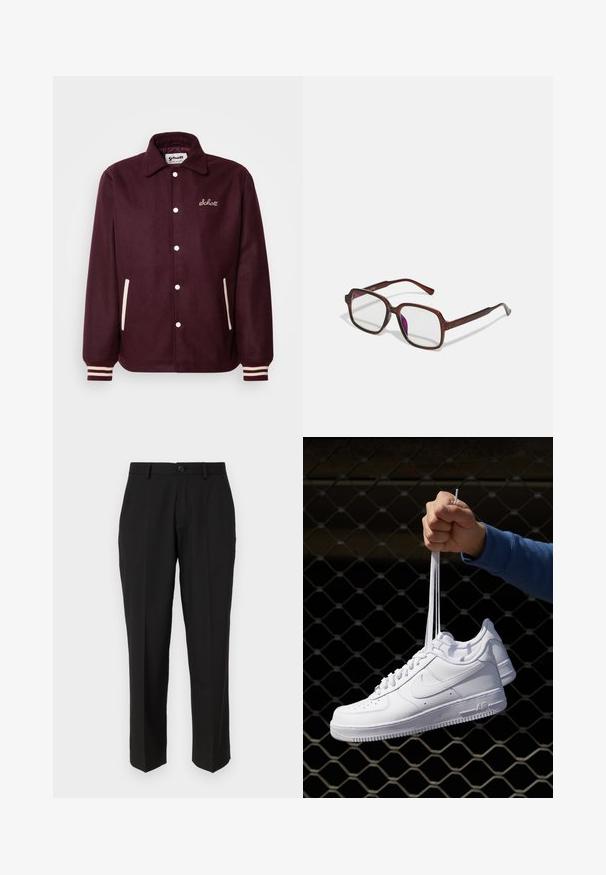 Schott ZACK - Lengva striukė - aubergine; Balta marškiniai su ilgomis rankovėmis, pagaminti iš lygaus medvilnės audinio, su klasikiniu apykaklės dizainu ir subtiliu blizgesiu. Penki mygtukai priekyje.; Juodos kelnės, pagamintos iš lygaus audinio, su tiesiu krepšeliu, priekinėmis kišenėmis, vieno mygtuko užsegimu ir be matomų raštų.; Balti odiniai sportiniai bateliai su perforacijomis, apvalia nosimi, plokščiu padu ir storomis raištelėmis, su matomu swoosh logotipu ir "AIR" ant kulno.; Rudos, stačiakampiai akinių rėmeliai su skaidriais lęšiais ir violetiniais atspalviais. Lygus plastikinis rėmas su tiesiomis šventyklomis ir subtiliais akcentais.