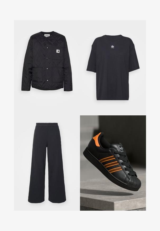 Black quilted jacket with a round neck, snap closures, and two front pockets. Features a small logo patch on the chest pocket.; Black cotton t-shirt with short sleeves, round neckline, features a white Adidas logo on the chest. Simple design, relaxed fit.; Black wide-leg sweatpants made from soft fabric, featuring an elastic waistband and a small logo on the left side.; Black sneaker with orange accents, three horizontal stripes, textured leather upper, rubber toe cap, and black laces.