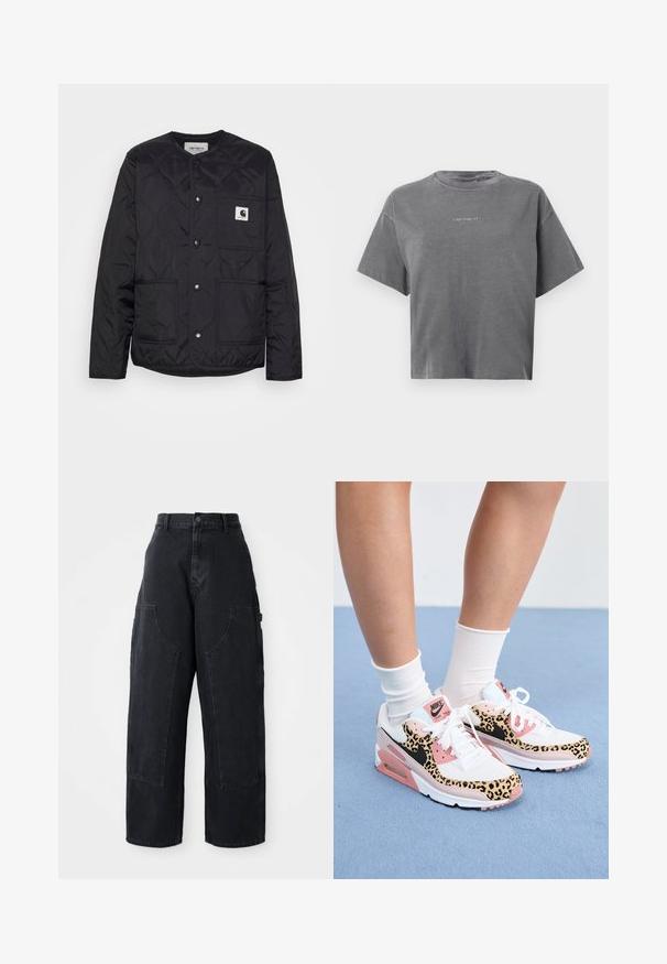 Schwarze gesteppte Jacke mit rundem Hals, Druckknopfverschlüssen und zwei vorderen Taschen. Verfügt über ein kleines Logopatch auf der Brusttasche.; Graues kurzärmliges Cropped-T-Shirt mit Rundhalsausschnitt und kleinem, zentrierten weißen "Carhartt"-Logo auf der Vorderseite.; Schwarze Denim Cargo-Hosen mit weitem Bein und hoher Taille, zwei großen Vordertaschen und einem Knopfverschluss an der Taille. Glatte Textur, lässiges Design.; Die Nike Air Max Sneakers weisen eine weiße und rosa Farbkombination mit Akzenten im Leopardenmuster, Mesh- und Leder-Materialien sowie einer markanten Gummisohle auf.