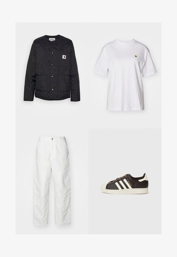 Zwarte gewatteerde jas met een ronde hals, drukknoopsluiting en twee voorzakken. Heeft een klein logo-opdruk op de borstzak.; Witte katoenen t-shirt met een relaxte pasvorm, korte mouwen en een klein geborduurd logo op de linkerborst.; Witte cargobroek van denim, met een relaxte pasvorm, zijzakken en zichtbare stiksels. Eenvoudige voorkant met een knoopsluiting.; Low-top Adidas Superstar sneaker in donkerbruin leer met crème shell-toe, witte strepen en de tekst "Superstar" aan de zijkant.