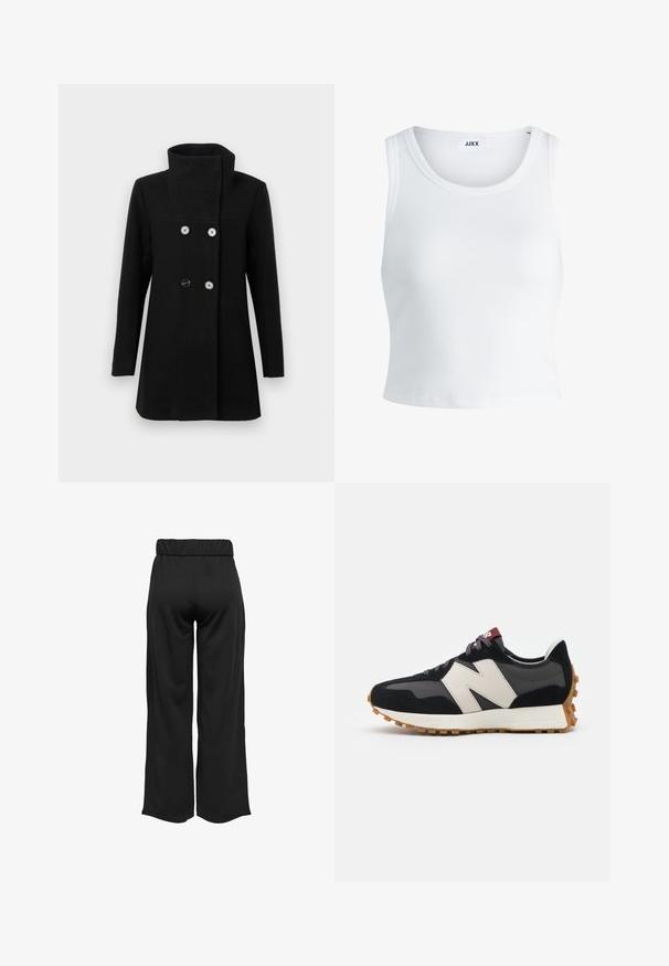 Črn dvoredni plašč z visokim ovratnikom, tremi vidnimi gumbi, dolgimi rokavi in stranskimi žepi na enobarvni svetli podlagi.; Bela rebrasta majica brez rokavov z okroglim izrezom in krajšo dolžino. Oznaka navaja "JJXX." Gladka tekstura tkanine.; Črne hlače širokega kroja z elastičnim pasom, izdelane iz gladkega materiala. Imajo preprost dizajn brez žepov ali vidnih šivov.; Črne in sive semiš športne copate z velikim kremnim logotipom "N", vijoličastimi vezalkami in teksturiranim gumijastim podplatom.