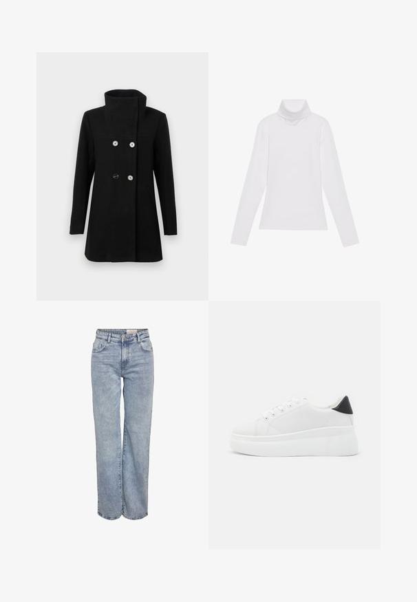 Must teine rikaste krae ja kolme nähtava nööbiga must kahekordne jakk, pikkade varrukatega ja küljetaskutega, heledal taustal.; Valge pikkade varrukate turtleneck-särk, mis on valmistatud siledast ja venivast kangast. Omab kõrget kraed ja keha lähedast lõiget, ilma nähtavate mustrite või kaunistusteta.; Heledad sinine laia jalaeest, valmistatud denimist, kõrge vöökohaga, viie tasku disainiga ja kerge tuhmumisega, mis annab kulunud välimuse.; Valged platvormsneakerid, mis on valmistatud siledast sünteetilisest materjalist, ovaalse toe, paelkinnise disaini ja tekstuurse kummitaldiga. Must kontsrihm.