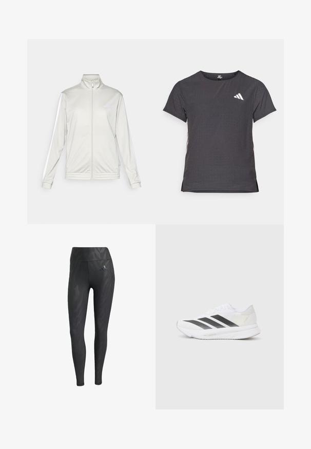 adidas Sportswear TRICOT STRIPES TRACK - Μπουφάν προπόνησης - alumina/white; Αθλητικό μπλουζάκι κοντό μανίκι, σκούρο γκρί με διάτρητη υφή. Διαθέτει λευκό λογότυπο και αντίθετες ρίγες στο πλάι. Στρογγυλή λαιμόκοψη.; Μαύρες κολάν με τονικό σχέδιο ζέβρας, ψηλή μέση, λεία υφή και λογότυπο Adidas στο αριστερό ισχίο. Φτιαγμένα από ελαστικό ύφασμα.; Λευκό αθλητικό παπούτσι με μαύρες διαγωνιές ρίγες, άνω τμήμα από πλέγμα, στρογγυλή μύτη και υφή στο πέλμα. Σημεία έμφασης περιλαμβάνουν μια ασημένια φτέρνα και μινιμαλιστικό σχέδιο.