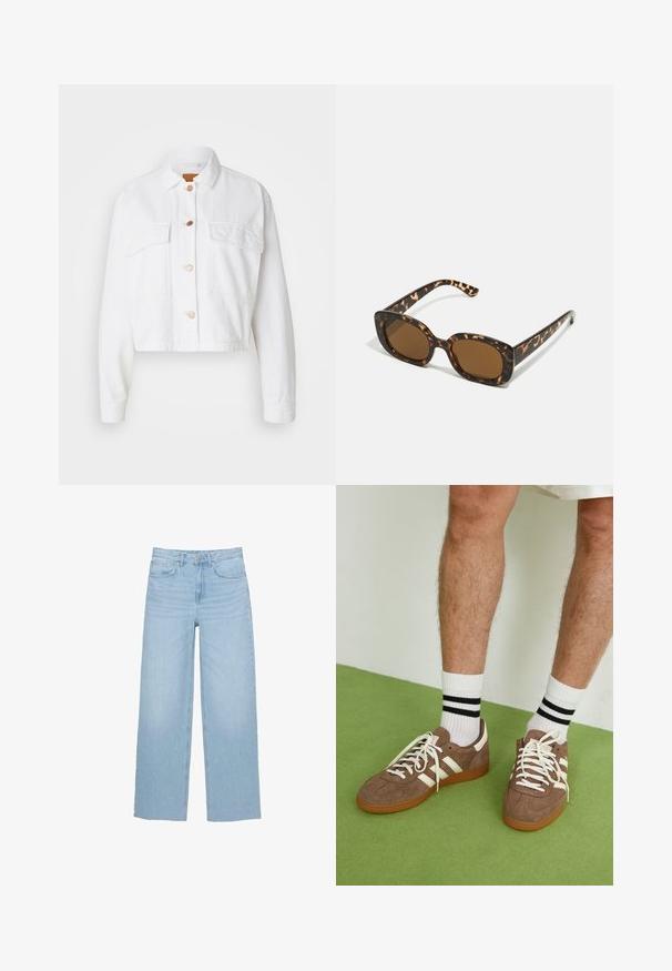 GAP CROP SHACKET - Cowboyjakker - optic white; Hvid- og gråstribet cropped sweater med høj hals og lynlås foran. Struktureret, strikket stof med ribbet kant.; Lysblå brede jeans lavet af denim, med høj talje, lige snit og fem-lomme design med en ren kant.; Brune ruskind sneakers med hvide detaljer og snørebånd. Gummisål i naturgummi. Båret med hvide sokker med sorte striber. Grøn struktureret gulv.; Skildpadde-solbriller med en rund, kraftig ramme og brune linser. Har subtile mønstre og lige, afsmalnende stænger.; Zign LEATHER - Shopping bags - light brown