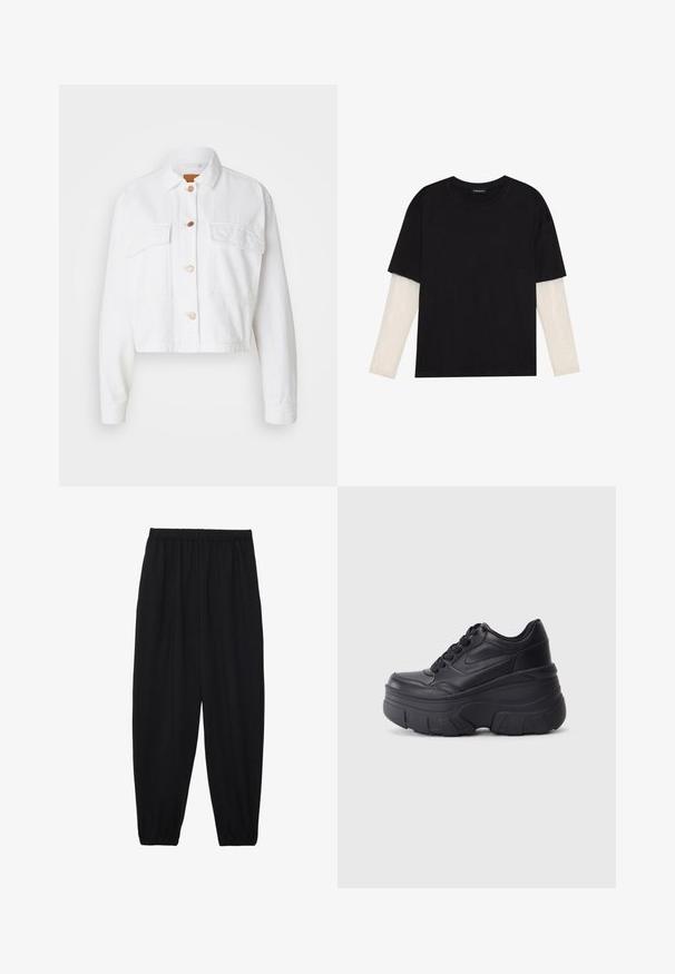 GAP CROP SHACKET - Veste en jean - optic white; T-shirt noir en coton, avec des manches courtes sur une couche à manches longues blanche avec un motif texturé subtil. Col rond.; Pantalons noirs légers avec une taille élastique et des chevilles froncées. Le tissu est lisse et présente un design décontracté et fuselé.; Baskets noires à lacets avec une semelle épaisse, présentant un dessus en cuir lisse, un bout arrondi et un design de plateforme en couches distinct.