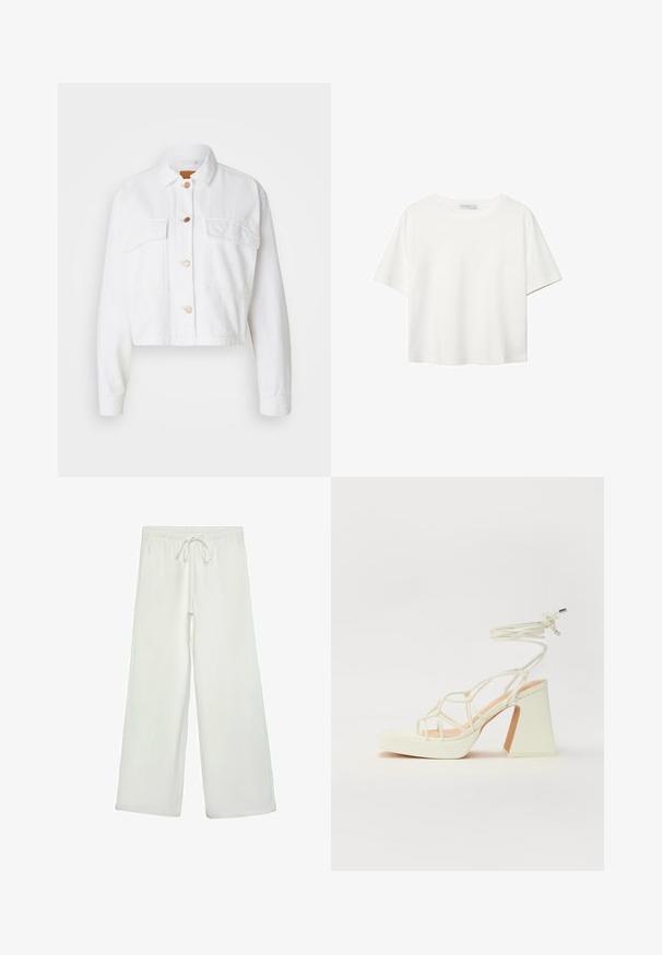 GAP CROP SHACKET - Veste en jean - optic white; T-shirt blanc à manches courtes en coton. Doté d'un col ras du cou et d'une coupe décontractée. Texture lisse sans motifs ni accents visibles.; Pantalons larges blancs en tissu doux. Dotés d'une taille élastique avec cordon de serrage et d'une texture lisse. Aucuns motifs visibles ni éléments en métal.; Sandale blanche à talons hauts avec un talon épais, présentant un design à lanières et un lien autour de la cheville. Texture lisse avec une plateforme à l'avant pour une hauteur supplémentaire.