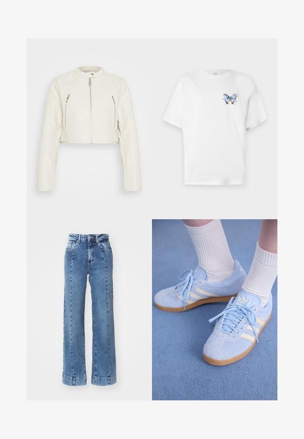 Rövidített fehér bőr dzseki hosszú ujjal, két elülső cipzáras zsebbel és kerek gallérral. Simább textúra és minimalista design.; Fehér pamut póló, amelyen egy színes pillangómintázat található a bal mellrészen. Rövid ujjak és laza szabás jellemzi.; Világoskék farmer széles lábú nadrág magas derékkal, elülső zsebekkel és varrott részletekkel. Az alja fel van hajtva és meg van varrva.; Világoskék velúr sportcipők fehér csíkokkal, lapos fűzőkkel és gumi talppal. Domború fehér zoknik vannak viselve a boka felett.