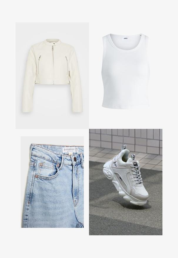 Skraćena bijela kožna jakna s dugim rukavima, dva prednja džepa na zip i okrugli ovratnik. Glatka tekstura i minimalistički dizajn.; Bijela rebrasta majica bez rukava s okruglim izrezom i skraćenom dužinom. Na etiketi piše "JJXX." Glatka tekstura tkanine.; Svijetloplave traperice s visokim strukom, pet džepova, hardverom u nijansi bakra i suptilnim izbljeđivanjem, s etiketom na pojasu.; Bijela tenisica od mrežastog i kožnog materijala, zaobljenog vrha, debele đonove, istaknutih vezica te s brendingom na peti i jeziku.