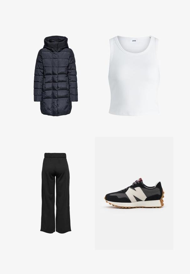 Casaco de inverno acolchoado em azul-marinho escuro com capuz, apresentando um design matelassado e fecho frontal com zíper, confeccionado em material brilhante e suave.; Top curto branco com nervuras, apresentando um decote redondo, design sem mangas e um comprimento cropped. Rótulo lê "JJXX." Textura de tecido suave.; Calças largas e pretas com uma cinta elástica, feitas de um tecido suave. Apresentam um design limpo, sem bolsos ou detalhes de costura visíveis.; Sneaker em camurça preta e cinza com um grande logótipo "N" creme, cordões roxos e uma sola de borracha texturizada em cor de goma.