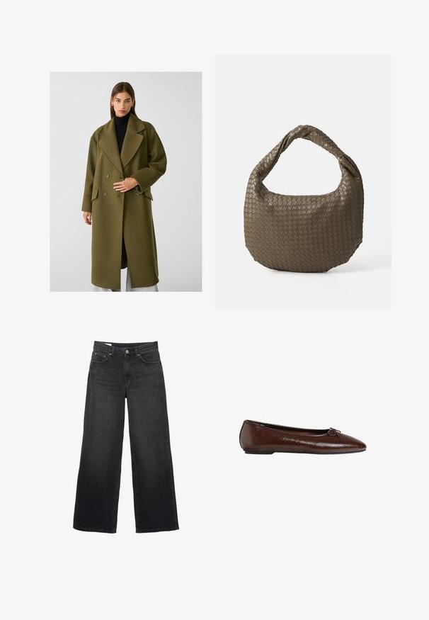 Stradivarius SOFT-TOUCH - Klassisk frakke - khaki; Lys beige crew neck sweater lavet af blødt strikket stof. Har lange ærmer og ribkantede manchetter, med en afslappet pasform og et minimalistisk design.; Sorte bredbensjeans lavet af denim. Har et klassisk fem-lomme design, en lige silhuet og en front knaplukning.; Brun læder balletflade med en glat tekstur, spids tå og en sløjfeakcent foran, der har en lav sort gummisål.; Vevet olivengrøn håndtaske med en rund form og et snoet håndtag. Den teksturerede overflade har et diagonalt mønster. Lynlåslukning.