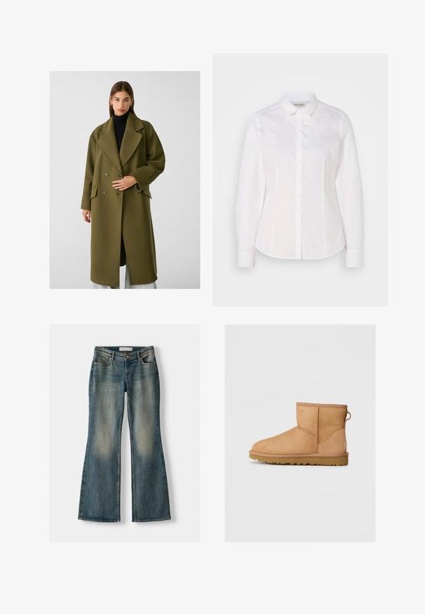 Stradivarius SOFT-TOUCH - Klassinen takki - khaki; Valkoinen napillinen paita, joka on valmistettu sileästä puuvillasta, perinteisellä kauluksella, pitkät hihat ja huomaamaton logo rinnassa. Edessä nappikiinnitys.; Siniset leveälahkeiset farkut, joissa on haalistunut pesu, viisi taskua ja nappikiinnitys. Materiaalissa on farkkukangas, jossa on hienovaraisia ompeluyksityiskohtia.; Ruskean mokkasandaalit pyöreällä kärjellä, ommelluilla yksityiskohdilla, takana vetotappi ja teksturoidulla kumipohjalla. Suunniteltu mukavuutta ja lämpöä varten.