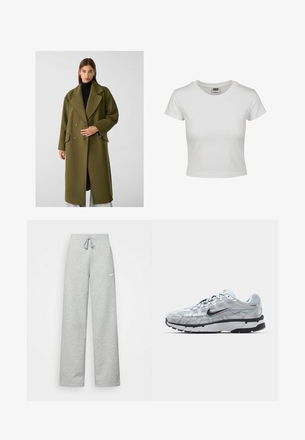 Stradivarius SOFT-TOUCH - Cappotto classico - khaki; T-shirt bianca in cotone con collo rotondo classico, maniche corte e forma aderente. Nessun motivo o dettaglio visibile.; Pantaloni tuta grigi con vita elastica, dettaglio con cordino e piccolo logo Nike bianco sulla coscia sinistra. Tessuto morbido, vestibilità ampia.; Sneakers Nike P-6000 con una toma superiore in mesh grigio chiaro, accenti neri e una resistente suola in gomma nera. Dotati di un design intricato e di un sistema di allacciatura.