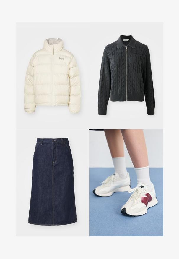 Chaqueta de plumas color crema con diseño acolchado vertical, cuello alto y cremallera frontal. Presenta un logo minimalista en el pecho.; Sudadera con cremallera de color gris oscuro, con un patrón de punto de cable, diseño con cuello y puños y dobladillo acanalados. Presenta un cierre de cremallera plateada.; Camiseta sin mangas negra hecha de tela acanalada, con un cuello redondo y un pequeño logotipo en la parte delantera. Diseño simple y ajustado.; Falda de mezclilla oscura con cintura alta, corte recto, bolsillos delanteros y costuras cosidas. Presenta un cierre de cremallera y botón en la cintura.; Un par de zapatillas blancas con acentos en color burdeos, paneles texturizados, suela negra plana y cordones claros, llevadas con calcetines blancos hasta el tobillo.