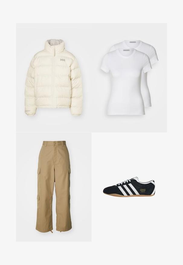 Jachetă puffer de culoare crem, cu un design matlasat vertical, guler înalt și fermoar frontal. Are un logo minimalistic pe piept.; Două tricouri albe din bumbac, cu mâneci scurte, guler rotund și o siluetă ajustată, având o textură netedă și un design minimalist.; Pantaloni cargo bej cu talie înaltă, picioare largi și patru buzunare laterale mari. Realizați dintr-un material durabil, cu o textură netedă și detalii minimale.; Sneaker din suede negru cu trei dungi albe, logo auriu și talpă din cauciuc maro. Prezintă un design cu șireturi de tip low-profile.