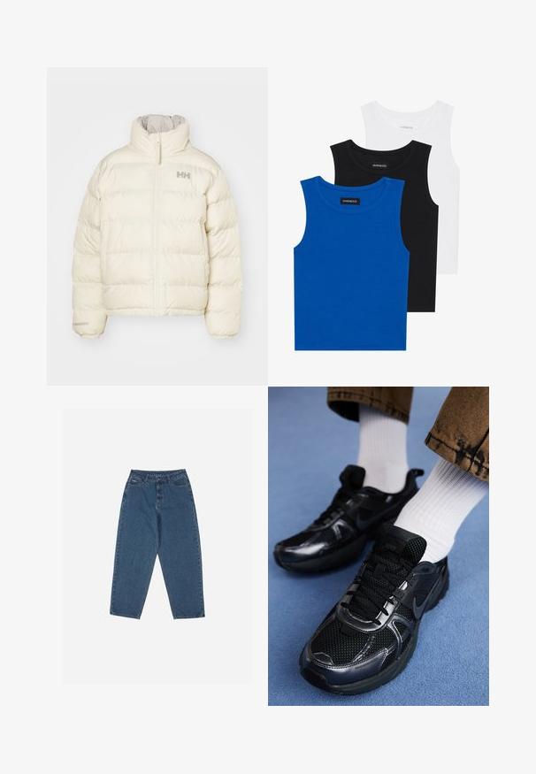 Kremowa kurtka puchowa z pionowym pikowaniem, wysokim kołnierzem i zapięciem na zamek błyskawiczny z przodu. Posiada minimalistyczne logo na klatce piersiowej.; Trzy bezrękawniki w kolorach niebieskim, czarnym i białym. Materiał to prążkowana tkanina z okrągłym dekoltem. Każdy top ma metkę z napisem "even&odd."; Niebieskie dżinsy o luźnym kroju, wysoki stan, pięć kieszeni i akcenty przeszycia. Posiadają zapięcie na guzik i zamek błyskawiczny.; Czarne buty sportowe Nike mają siateczkową cholewkę z błyszczącymi akcentami, czarne sznurówki i teksturowaną podeszwę. Połączone z białymi, prążkowanymi skarpetami.