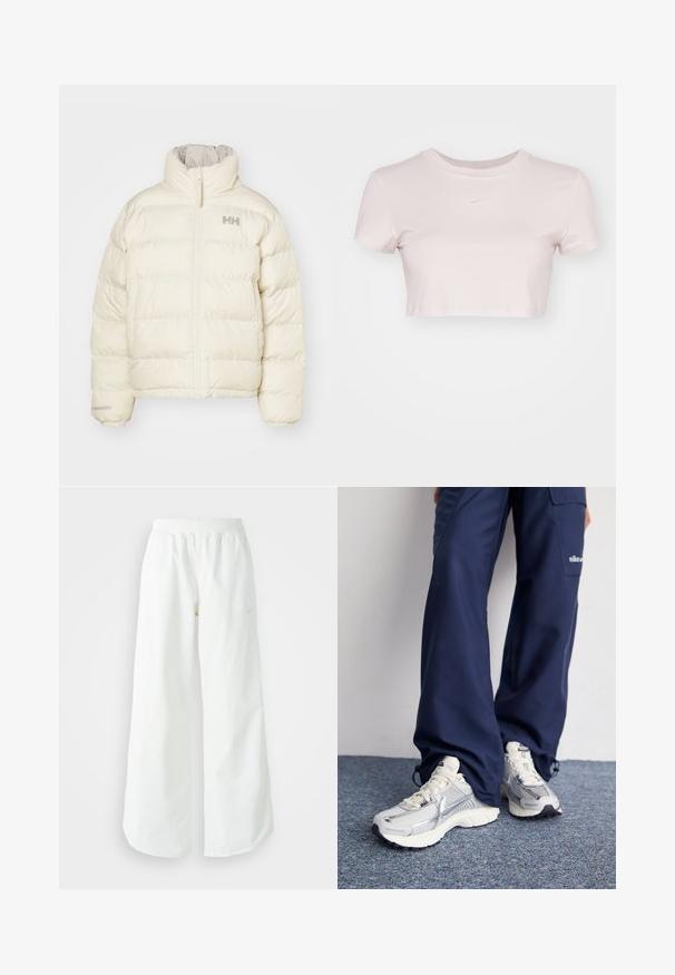 Veste en duvet de couleur crème avec un design matelassé vertical, col montant et fermeture éclair à l'avant. Présente un logo minimaliste sur la poitrine.; T-shirt court en rose clair, fabriqué en tissu doux. Présente un col rond et des manches courtes avec un petit logo Nike blanc sur la poitrine.; Pantalons de sport larges blancs avec une taille côtelée et un discret logo. Tissu lisse avec une coupe décontractée et un bas effilé.; Baskets de sport Nike avec une tige en maille argentée, des accents blancs et des semelles texturées, associées à un pantalon marine ample.