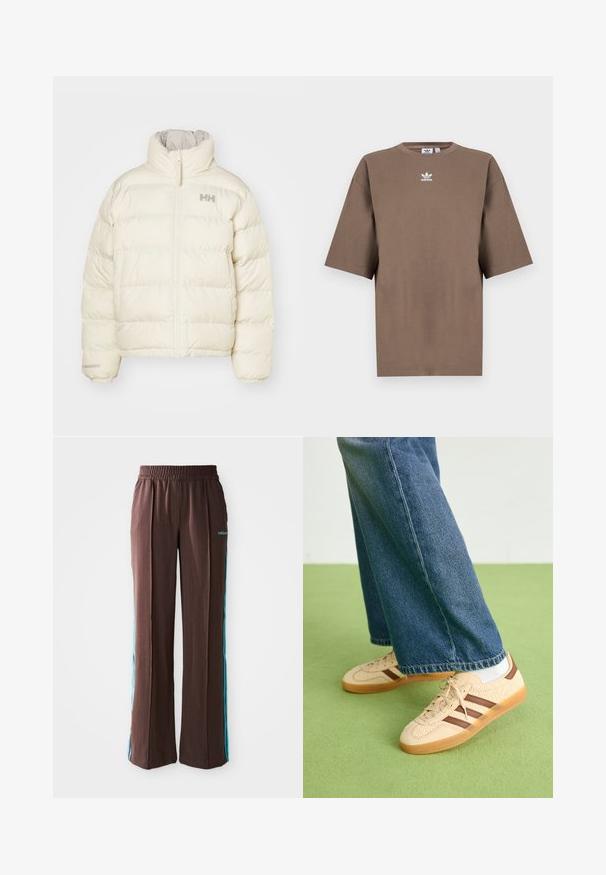 Tejfehér pufi dzseki függőleges steppelt mintával, magas gallérral és elülső zip-zárral. Minimalista logóval rendelkezik a mellkasán.; Barna pamut póló rövid ujjakkal, kerek nyakkal és fehér Adidas logóval a mellkason, egyszerű dizájnnal és laza szabással.; Barna sportnadrág bordázott textúrával, rugalmas derékpánttal és türkiz oldalsávokkal. Az elején az adidas logóval rendelkezik.; Beige sportcipők textúrált krém színű panelek és barna csíkok részletezésével, kék farmernadrággal párosítva. A farmer széles szárú és rojtos szegéllyel rendelkezik.