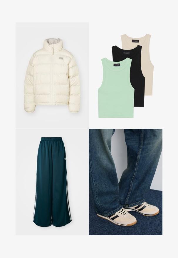 Giacca puffer color crema con design a trapunta verticale, colletto alto e zip frontale. Presenta un logo minimalista sul petto.; Tre canotte in verde menta, nero e beige; realizzate in tessuto a coste con scollatura rotonda e senza maniche. Etichetta del brand visibile.; Pantaloni della tuta ampi blu petrolio con vita elastica, caratterizzati da tre strisce bianche lungo i lati e un logo Adidas sul lato sinistro.; Sneakers crema con strisce nere e pannelli in rete, abbinati a jeans in denim blu con una finitura sbiadita e orlo sfrangiato.