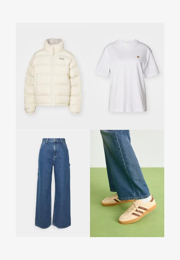 Casaco puffer de cor creme com design acolchoado vertical, gola alta e fecho frontal. Apresenta um logótipo minimalista no peito.; T-shirt branca de algodão com um corte descontraído, mangas curtas e um pequeno logótipo bordado na área do peito esquerdo.; Calças de ganga azuis de perna larga com cintura alta, costuras em contraste e bolsos laterais, apresentando um design clássico de cinco bolsos e bainhas desfiadas.; Tenis bege com painéis texturizados em creme e riscas castanhas, combinados com jeans de ganga azul. Os jeans têm um corte largo e uma bainha desfiada.