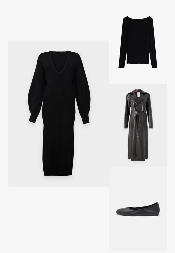 MAX&Co. COGNAC - Kunstlederjacke - dunkelbraun; Schwarzes gestricktes Kleid mit tiefem V-Ausschnitt, langen voluminösen Ärmeln und strukturierten Musterdetails am Oberteil.; Intimissimi CHRISTMAS - Langarmshirt - black; Schwarze Leder-Ballettschuhe mit abgerundeter Spitze, glatter Textur, minimalen Nähdetails und einem flexiblen Sohlen-Design.