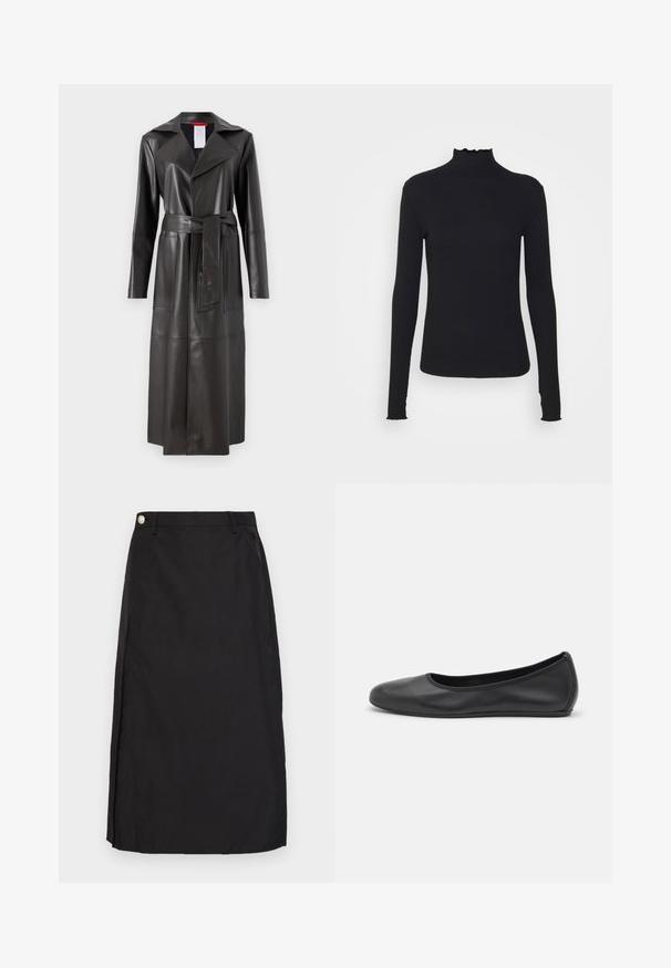 MAX&Co. COGNAC - Veste en similicuir - dunkelbraun; Haut à manches longues noir en col roulé, fabriqué en tissu lisse, présentant un col volanté et une silhouette ajustée avec des bords simples.; Jupe noire à mi-mollet en tissu lisse, avec une fente devant et un accent en bouton métallique à la taille.; Ballerines en cuir noir avec un bout rond, texture lisse, détails de couture minimalistes et design de semelle flexible.