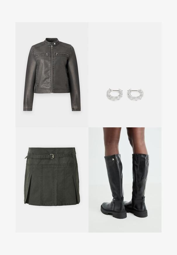 Svart faux skinnjakke med høy krage, to glidelåslommer på brystet og en tettsittende silhuett. Glatt tekstur og minimalistisk design.; Lys grå kort strikkegenser med svart og hvitt blomstermønster, rund hals og ribbede mansjetter. Myk tekstur, uformelt design.; Mørkegrønn, bomulls miniskjørt med en tettsittende midje, belte og frontfolder. Har sømdetaljer og en klassisk snitt.; Svart knelengde lærstøvler med en glatt tekstur, avrundet tå, kraftig såle og glidelås. Har sølvfarget logo på siden.; Sølv hoops øredobber med klare, rektangulære og trekantede krystaller arrangert i et mønsterdesign. Stifter for sikker feste.