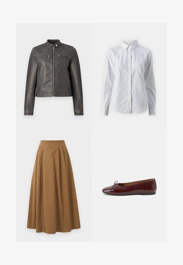 Casaco em pele sintética preta com colarinho alto, dois bolsos no peito com fecho éclair e um silhueta ajustada. Textura suave e design minimalista.; Camisa branca de botão feita de algodão suave, com colarinho clássico, mangas longas e bainha curva. Os botões são pequenos e brancos.; Saia A-line de algodão castanho com cintura alta, apresentando pregas na parte da frente e uma textura suave. As bordas da bainha são limpas e simples.; Bailarinas em couro sintético borgonha com bico redondo, pequeno laço na frente e sola baixa em borracha preta. Textura suave.