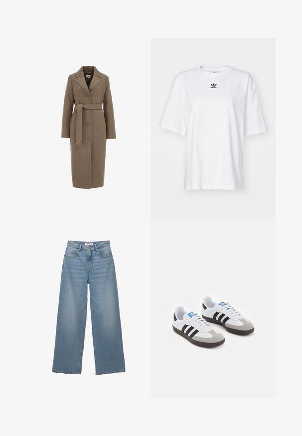 Palton dintr-un amestec de lână maro, cu un design elegant, mâneci lungi, rever în formă de V, închidere cu nasturi și o curea asortată la talie.; Tricou alb cu mânecă scurtă, fabricat din bumbac. Are un guler rotund și un mic logo negru Adidas pe piept. Tiv drept.; Jeans largi de un albastru deschis, fabricate din denim. Au talie înaltă, cinci buzunare și croială dreaptă, cu o decolorare minimă.; Încălțăminte sport cu un superior din piele albă, vârf din suede gri și trei dungi negre. Prezintă un logo albastru pe limbă și o talpă din cauciuc texturat.