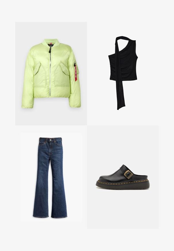 Vaaleanvihreä pehmustettu bomber-takki, jossa on ribbireunus, vetoketjusuljenta ja kaksi etutaskua. Hihassa on vetoketjullinen tasku, jossa on punainen etiketti.; Musta hihaton toppi yhdellä olkaimella, jossa on virtaava, laskostettu yksityiskohta ja rypistetty sivutekstuuri. Valmistettu pehmeästä kankaasta.; Korkeavyötäröiset tummansiniset farkut, joissa on leveät lahkeet, etuvetoketju ja napin sulkeminen sekä viisi taskua.; Mustat nahkakengät, joissa on leveä hihna ja messinkisolki. Varustettu tekstuurilla olevalla kumipohjalla, jossa on keltaiset ompeleet.