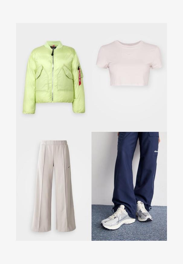 Jasnozielona pikowana kurtka bombowiec z ściągaczem przy kołnierzu, zamek błyskawiczny i dwoma przednimi kieszeniami. Posiada kieszeń na zamek na rękawie z czerwoną metką.; Przycięta koszulka w jasnym różu, wykonana z miękkiego materiału. Posiada okrągły dekolt i krótkie rękawy z małym białym logo Nike na klatce piersiowej.; Jasnoszare spodnie o szerokich nogawkach, wykonane z gładkiego materiału. Posiadają elastyczny pas i czarne logo Nike po lewej stronie.; Buty sportowe Nike z górą z siateczki w kolorze srebrnym, białymi akcentami i teksturowanymi podeszwami, w połączeniu z luźnymi granatowymi spodniami.