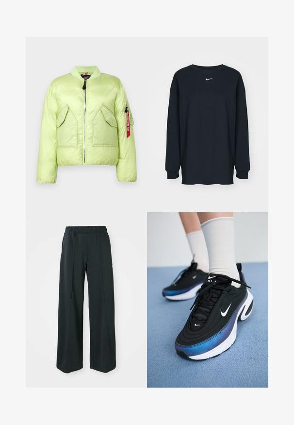 Veste bomber matelassée vert clair avec col côtelé, fermeture éclair et deux poches avant. Présente une poche zippée sur la manche avec une étiquette rouge.; T-shirt noir à manches longues en coton avec un col rond. Présente un logo Nike blanc sur la poitrine. Texture douce, design simple.; Pantalons de sport noirs à jambes larges avec une taille élastique. Fabriqués en tissu lisse et extensible, avec des coutures avant discrètes et sans poches.; Baskets Nike noires avec un dessus en tissu lisse, présentant un design dégradé allant du bleu au noir, une semelle blanche et des accents de logo bien visibles.