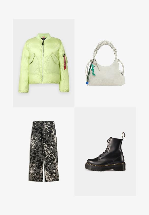 Svijetlozelena podstavljena bomber jakna s rebrastim ovratnikom, zatvaranjem na zip i dva prednja džepa. Ima zip džep na rukavu s crvenom oznakom.; Tri dolgi rokavi v svetlo modri, črni in beli barvi. Oblika vključuje okroglo izrez in mehak, lahek tekstil.; Srednje visoke hlače širokih nogavic z teksturiranim črno-belem cvetličnem vzoru na sivi podlagi, ki imajo klasičen pas in sprednje žepe.; Črne usnjen lace-up gležnjarje z debelim črnim podplatom in rumenim šivanjem. Imajo zanko na hrbtni strani in okrogle kovinske učke.; Bež umetna usnjena torbica z nagubanim ročajem, zadrgo in zelenim čarom. Gladka tekstura, diskretno embosirano logotip ter eleganten dizajn.