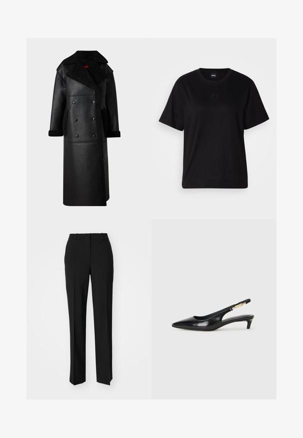 Schwarzledermantel mit Doppelkinn-Design, Lammfell-Akzenten an Kragen und Taschen, langer Länge und strukturierter Oberfläche.; Schwarzes Baumwoll-T-Shirt mit Rundhalsausschnitt, kurzen Ärmeln und aufgesticktem Logo auf der Brust. Einfacher, lässiger Schnitt ohne Muster.; Schwarze, taillierte Hose mit geradem Bein, aus einem glatten Stoff und mit klaren Falten an der Vorderseite. Keine sichtbare Hardware.; Schwarze Leder-Slingback-Pumps mit spitzem Schuhblatt, ausgestattet mit einem schlanken Absatz und einem goldfarbigen Akzent am verstellbaren Riemen. Glatte Textur.