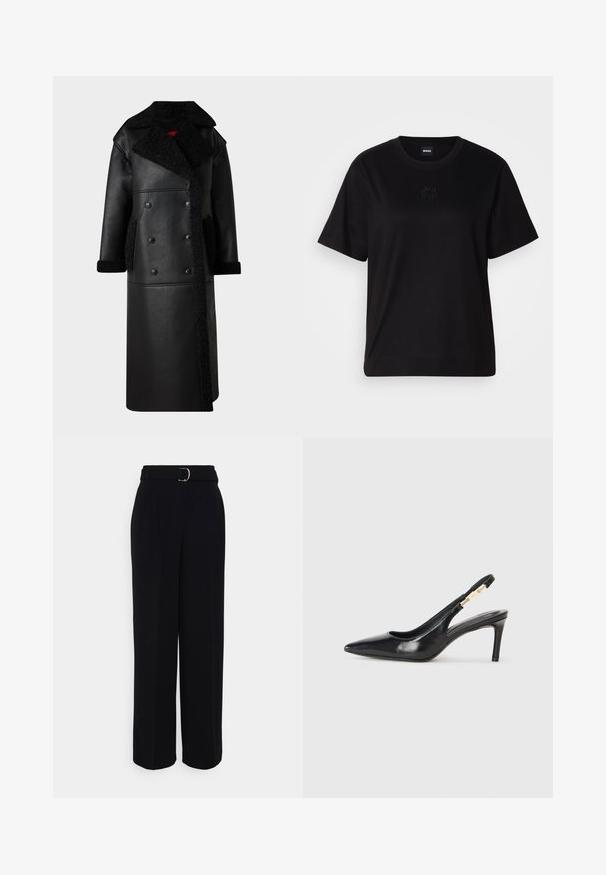 Abrigo de cuero negro con diseño de doble botonadura, acentos de piel de oveja en el cuello y los bolsillos, de largo largo y acabado texturizado.; Camiseta de algodón negra con cuello redondo, mangas cortas y un logo bordado en el pecho. Ajuste simple y relajado sin patrones.; Pantalones negros ajustados con una silueta de pierna ancha, que incluyen un cinturón con hebilla de plata, pliegues y una textura de tela suave.; Zapato de tacón alto de cuero negro con tirante trasero, punta afilada, textura suave y una correa estrecha en el tobillo con acentos de hardware dorado.