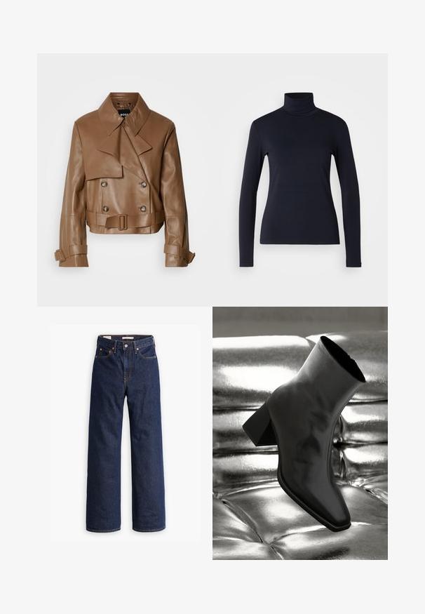 Bruine leren cropped jack met een brede kraag, dubbelzijdige knopen en een riem, gepresenteerd tegen een effen witte achtergrond.; Marineblauwe coltrui met lange mouwen. Gemaakt van zachte stof met een gladde textuur. Heeft een aansluitend ontwerp en een hoge kraag zonder zichtbare naden.; Donkerblauwe rechte spijkerbroek met vijf zakken, oranje stiksels en een knopen sluiting.; Zwarte enkellaarsjes van glanzend materiaal met een vierkante neus en taps toelopende hak, afgezet tegen een glanzende zilveren gecapitonneerde achtergrond.