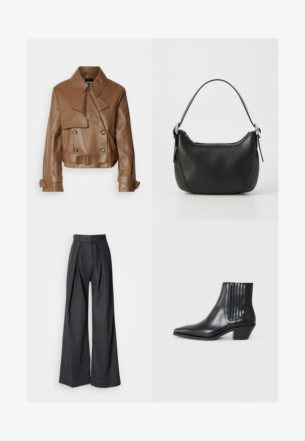 Brun læder cropped jakke med bred krave, dobbeltknaplukning og bælte, vist mod en simpel hvid baggrund.; Grå ærmeløs turtleneck-top med tætsiddende pasform, ribbet tekstur, glat stof, har høj krave og stilfulde skulderudskæringer.; Bredde ben sorte denimbukser med høj talje, der har frontfolder og en klassisk lynlås lukning. Sprød, glat tekstur med en ren finish.; Sorte læder ankelstøvle med spids tå, elastiske sidepaneler med lodrette riller og en lav blokhæl. Glat tekstur og slankt design.; Sort læderhandtaske med en buet form, sølv lynlås og et kort håndtag. Har et diskret logo på forsiden og en glat tekstur.