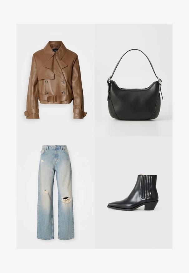 Jachetă cropt din piele maro, cu guler larg, nasturi dubli și o curea, expusă pe un fundal alb simplu.; Top gri fără mâneci, cu croială aderentă, textură răsucită, material neted, cu guler înalt și decupaje elegante la umăr.; Jeans drepti de culoare albastru deschis, cu talie înaltă, bucle pentru curea și găuri uzate pe coapsa stângă, genunchiul drept și partea inferioară a piciorului stâng.; Cizme negre din piele, până la gleznă, cu vârful ascuțit, panouri elastice pe laterale cu striații verticale și toc mic, de tip bloc. Textură netedă și design elegant.; Geantă de mână din piele neagră cu o formă curbată, fermoar argintiu și o mânere scurtă. Previne un logo subtil pe față și o textură netedă.