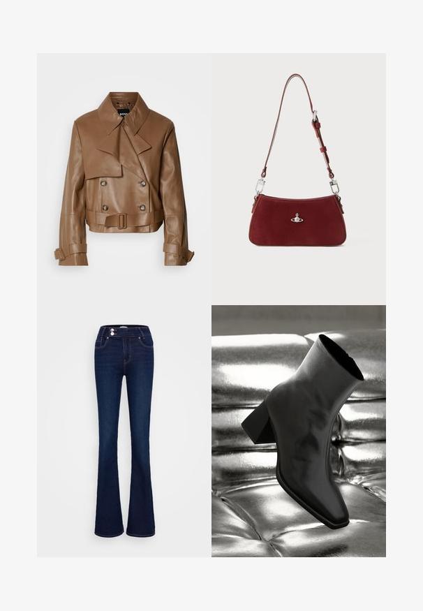 Brun læder cropped jakke med bred krave, dobbeltknaplukning og bælte, vist mod en simpel hvid baggrund.; Sort langærmet top med off-the-shoulder halsudskæring, glat stof, tætsiddende design og sømløs kant. Enkel og minimalistisk stil.; Mørkeblå, flagrende jeans med høj talje, to frontlommer og to knaplukninger. Fremstillet af denim med en glat tekstur.; Sorte ankelstøvler lavet af glossy materiale med firkantet tå og spidse hæle, sat mod en skinnende sølv tuftet baggrund.; Rød suedette skuldertaske med en buet form. Har en sølvfarvet detalje og justerbar rem med hardware-detaljer. Glat tekstur.