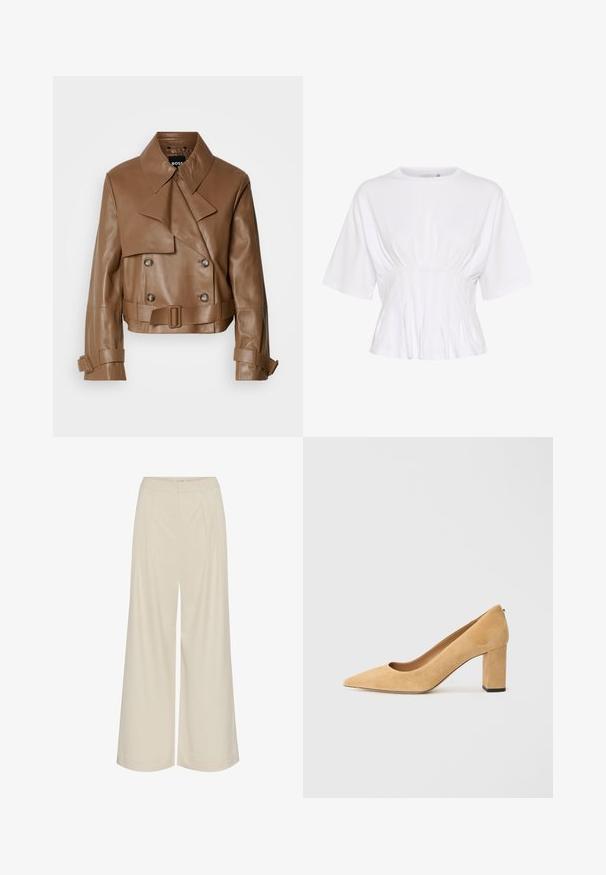 Bruine leren cropped jack met een brede kraag, dubbelzijdige knopen en een riem, gepresenteerd tegen een effen witte achtergrond.; Witte top met korte mouwen van zachte stof, voorzien van een ronde halslijn en geplooide details bij de taille voor een getailleerde look.; Wijdbenige broeken van een lichtbeige stof, met plooien, een hoge taille en een gladde textuur zonder zichtbare versieringen.; Beige suède hoge hakken met een spitse neus en een stevige blokhak. Het materiaal heeft een zachte textuur met een gladde afwerking.