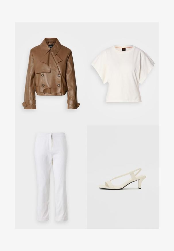 Brown leather cropped jacket with a wide collar, double-breasted buttons, and a belt, displayed against a plain white background.; White cropped T-shirt, short wide sleeves, soft cotton material, round neckline with subtle orange trim, minimal design, no patterns or graphics.; White cotton pants with a straight leg design, featuring a mid-rise waist and no visible hardware or patterns. Smooth texture throughout.; Beige block-heeled sandals with thin straps and a square toe. Smooth material with minimal detailing, designed for easy wear.
