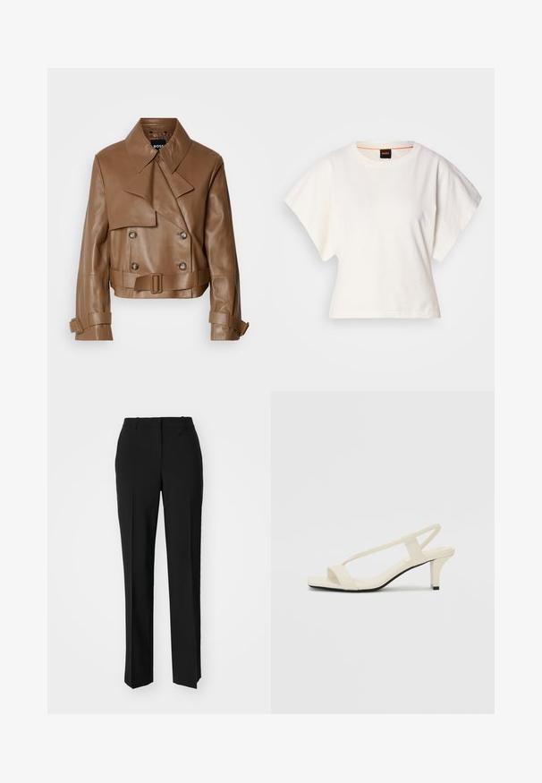 Bruine leren cropped jack met een brede kraag, dubbelzijdige knopen en een riem, gepresenteerd tegen een effen witte achtergrond.; Witte gecropte T-shirt, korte brede mouwen, zachte katoenmaterialen, ronde halslijn met subtiele oranje rand, minimalistisch ontwerp, geen patronen of graphics.; Zwarte op maat gemaakte broek met een recht model, voorzien van een soepele textuur en scherpe plooien aan de voorkant. Geen zichtbare hardware.; Beige blockhak sandalen met dunne bandjes en een vierkante neus. Glad materiaal met minimale details, ontworpen voor eenvoudig dragen.