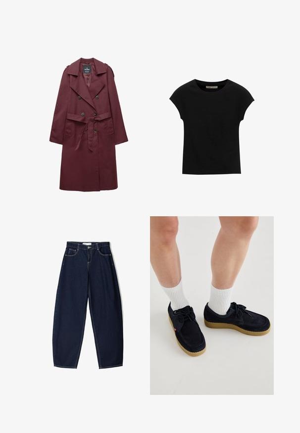 Dolgi burgundski dvoslojni plašč z širokimi reverji, gumbnimi detajli, tkanim pasom in stranskimi žepi, ki visi ravno na belem ozadju.; Črna kratka majica s kratkimi rokavi, narejena iz mehke tkanine, z okroglim izrezom in sproščenim krojem, z gladko teksturo in brez vzorcev.; Temno modre kavbojke s širokim krojem, ki vključujejo pet žepov, kontrastni šivi in zadrgo na sprednji strani.; Temno modri semiš čevlji s okroglo konico, zasnova z vezalkami in kremna gumijasta podplat. V kombinaciji z belimi rebrastimi nogavicami do gležnjev.
