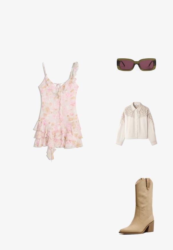 Cremfarbendes Hemd mit Knopfleiste und kragenähnlichem Ausschnitt sowie intricate Spitzenverzierungen an den Schultern. Lange Ärmel; weiche Textur.; Hellrosa Blumenmuster-Kleid mit Rüschenschichten, asymmetrischem Saum, dünnen Trägern und einer kleinen Rückenbindedetail.; Bershka HIGH-HEEL - Cowboy-/Bikerboot - beige; Rechteckige Sonnenbrille mit einem olivgrünen Rahmen und tiefrosafarbenen Gläsern. Der Rahmen hat eine glänzende Oberfläche, während die Bügel schlank und gerade sind.; Rosa synthetische Schultertasche mit geschwungener Form, glatter Textur, abnehmbarem Kettenriemen und einem runden Logodetail auf der Vorderseite.