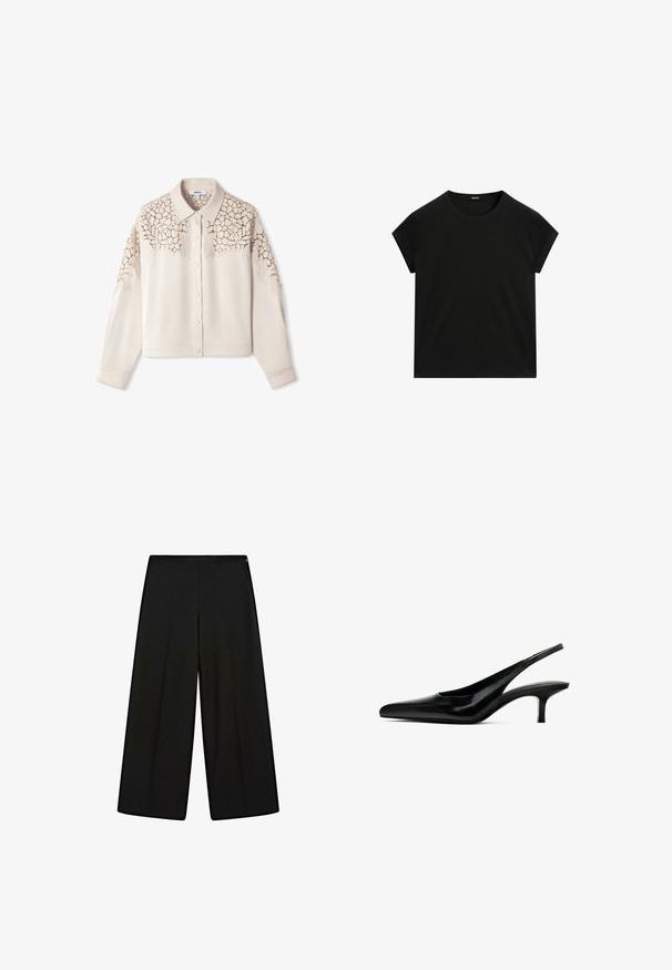 Cream-colored button-up shirt with a collared neckline and intricate lace detailing on the shoulders. Long sleeves; soft texture.; Black short-sleeve crew neck t-shirt with a straight hem, displayed flat on a white background.; Black wide-leg trousers made of soft fabric, featuring a high waist and pleats, with a smooth texture and no visible embellishments.; Black pointed-toe slingback shoe with a glossy leather finish and a thin, low heel. Features a cutout on the side for breathability.