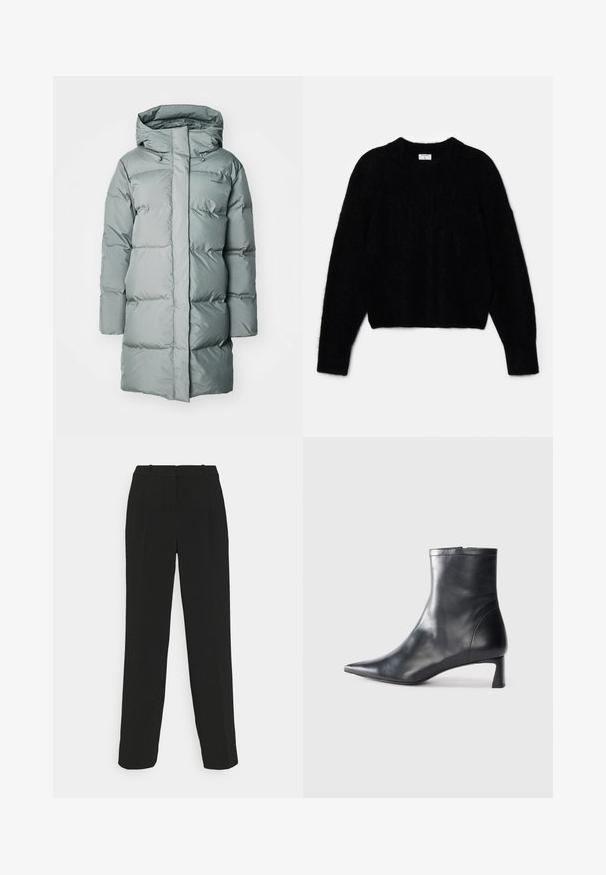 Pikk ja paks mantel kahvatu rohelise värviga. Valmistatud siledast, veekindlast materjalist, varustatud kapuutsiga ja reguleeritavate tõmblukudega. Minimalistlik bränding.; Must beebi, mis on tehtud karvase materjali jaoks. Omab ümarat kaelust ja pikki varrukaid, millel on pehme tekstuur. Minimalistlik disain, ilma mustriteta.; Mustad kohandatud püksid otse lõikega, kõrge vöökoha, kortsude ja sileda tekstuuriga.; Mustad mustall nahkasaabas terava nina ja stiilse disainiga. Omab madalat konts ja luku sulgemist taga. Sile tekstuur.