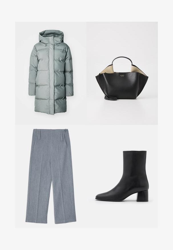 Duguljasti zeleni kaput. Izrađen od glatkog, vodootpornog materijala sa kapuljačom i podesivim vezicama. Minimalno vidljivo brendiranje.; Crni dugi rukav turtleneck majica izrađena od glatkog materijala, s volanima oko vrata i uskim siluetom s jednostavnim rubovima.; Svijetlosive hlače širom nogavicom od teksturiranog materijala, s dva prednja nabora i dva bočna dzepa. Čist, krojeni dizajn.; Crne kožne gležnjače s šiljastim vrhom i širokim kvadratnim potpeticom. Glatka tekstura s bešavnim dizajnom i minimalističkim šavovima.; Ree Projects ANN TOTE MINI - Ručna torba - black